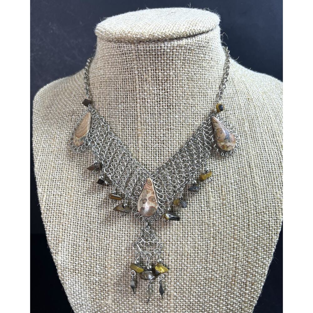 Leopard Skin Semiprecious Stone & Alpaca Silver Necklace From Peru NEW